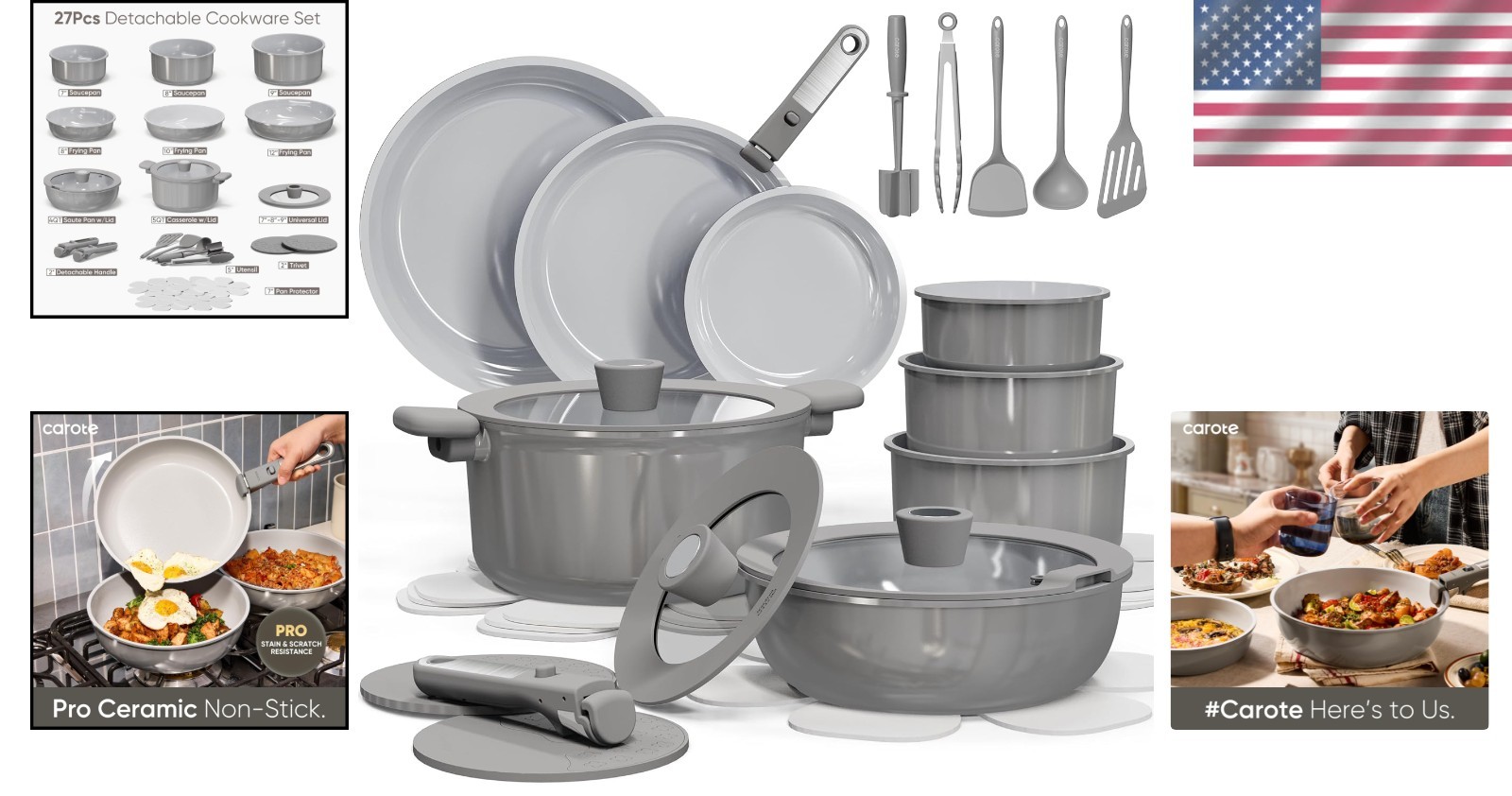 Safe & Stylish 27-Piece Ceramic Cookware Set – Dishwasher & Oven Safe, Dark Gray