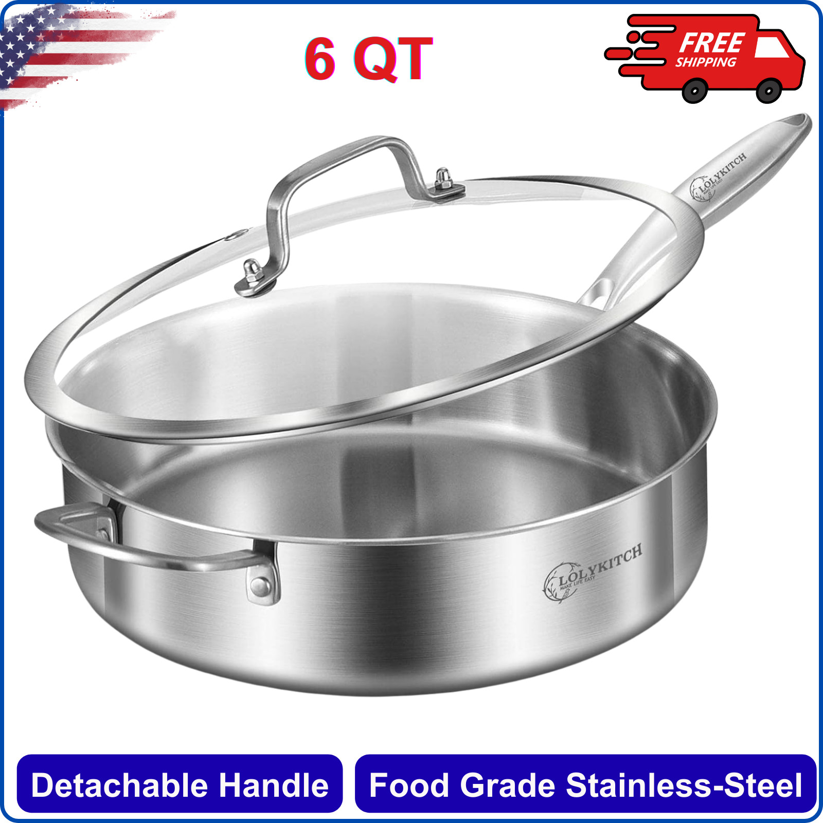 6 QT Tri-Ply Stainless Steel Saute Pan With Lid, Deep Frying Pan, Large Skillet