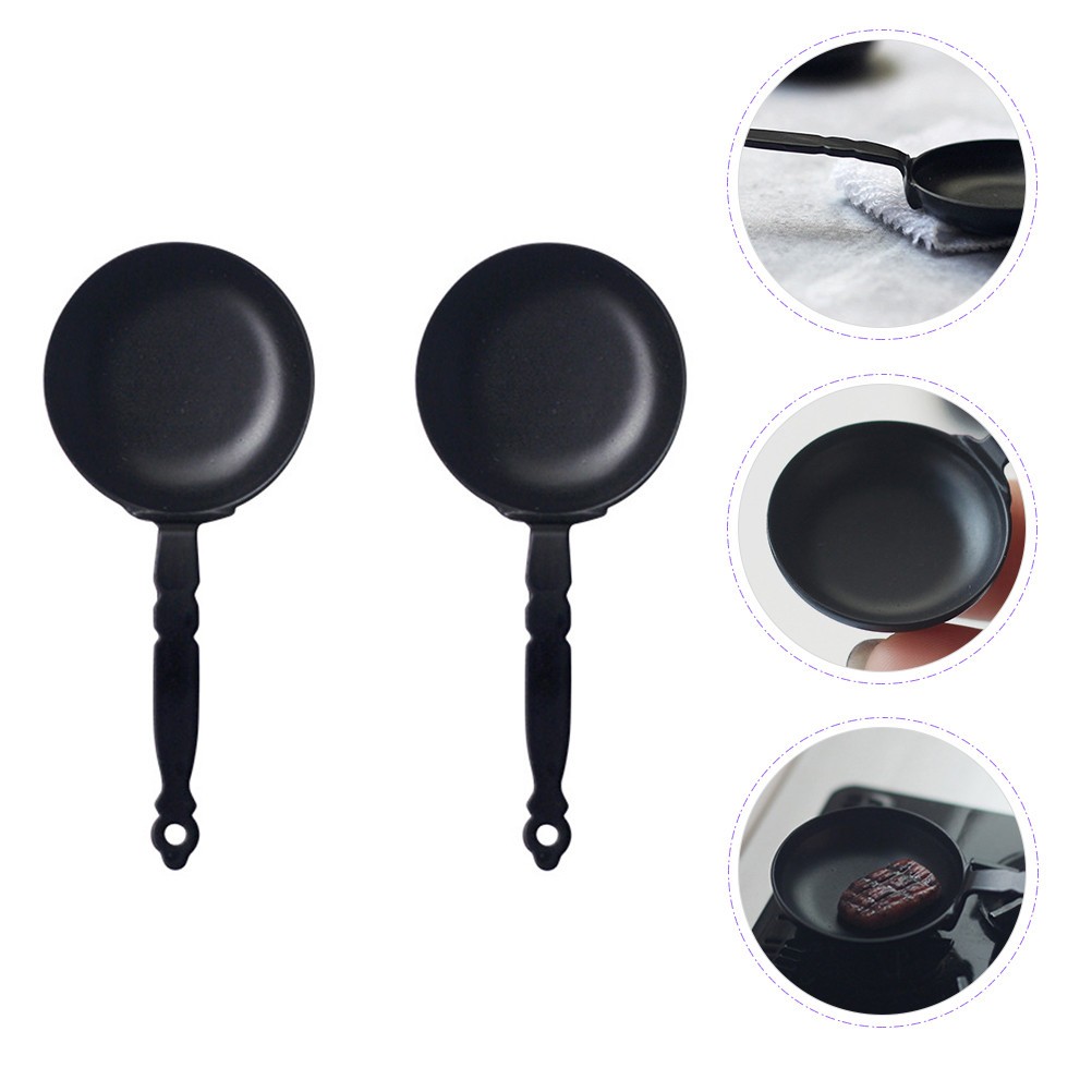 2Pcs Miniature Dollhouse Pans Black Alloy Durable Mini Kitchen Accessories