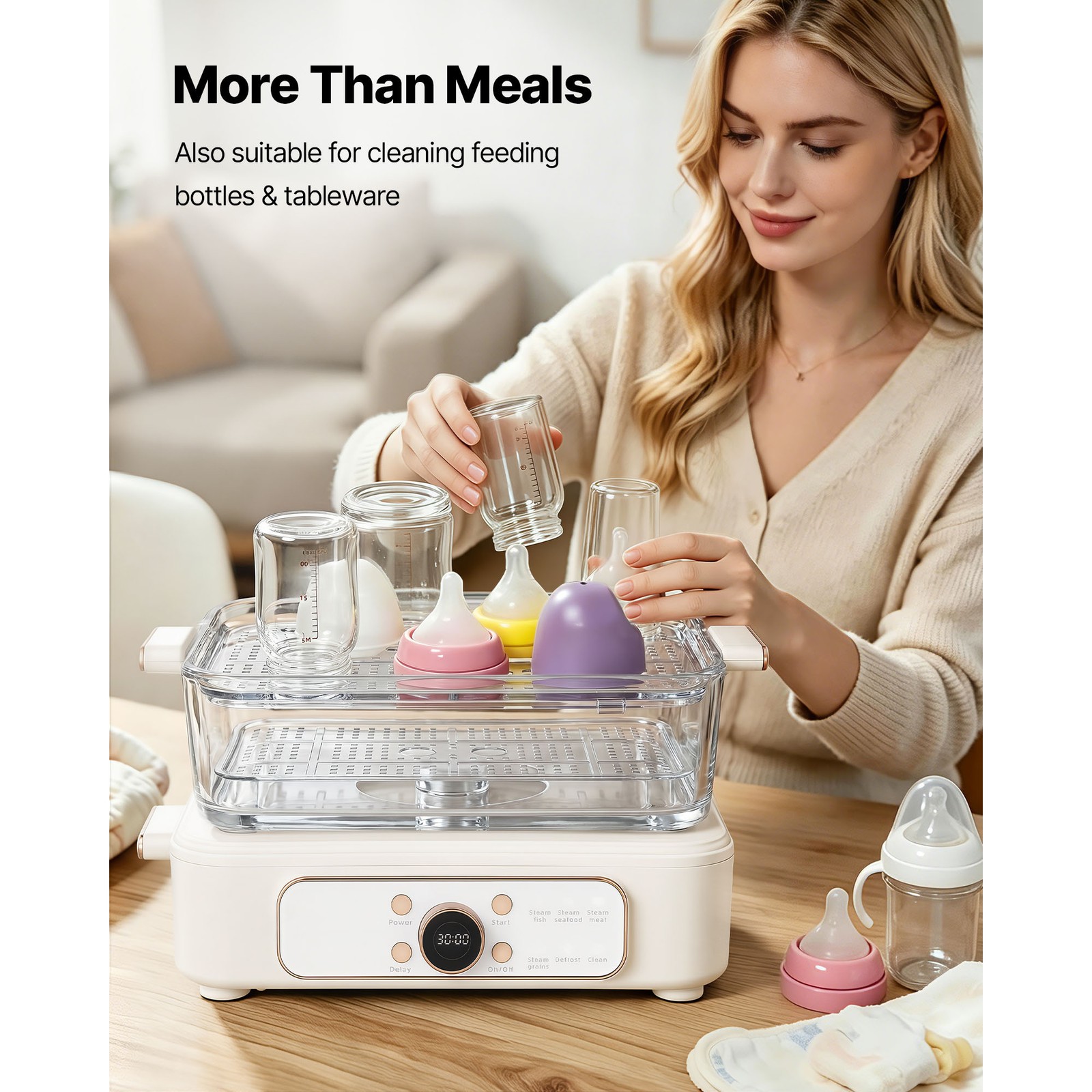 Uimoso Electric Food Steamer 6.3 QT with Glass Bowl and Dual-Layer Trays