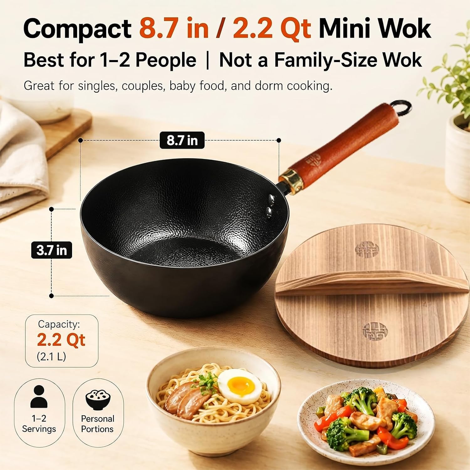 8.7 Inch Carbon Steel Mini Wok with Wooden Lid & Detachable Handle, 2.2 Qt Small