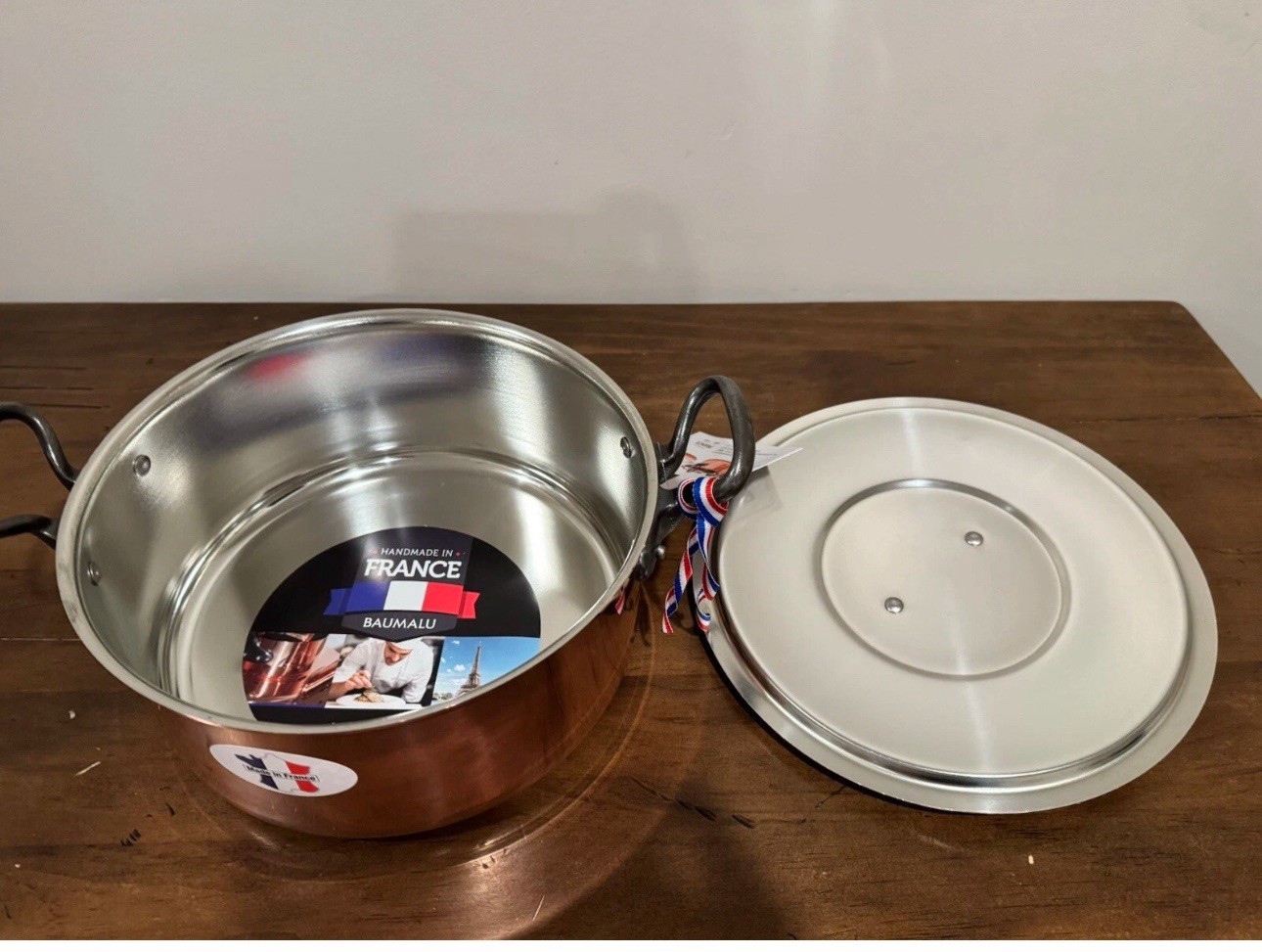 Baumalu Copper 9.5 Inch Stock Pot With Lid. 5lbs 11 oz. Made In France.