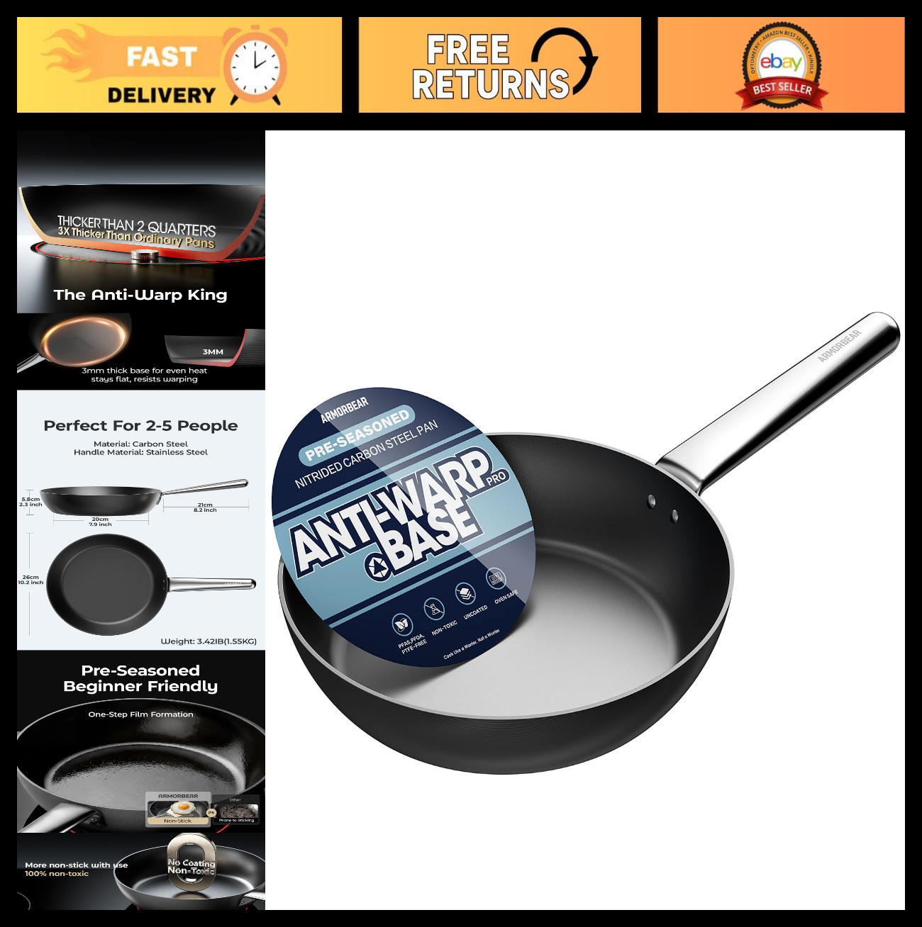 10″ Pre-Seasoned Carbon Steel Frying Pan, Anti-Warp Skillet for All Cooktops, Ov