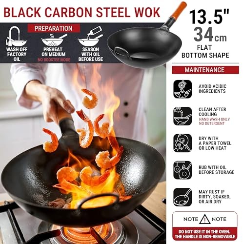 Flat Bottom Carbon Steel Wok 13.5in Pre Seasoned