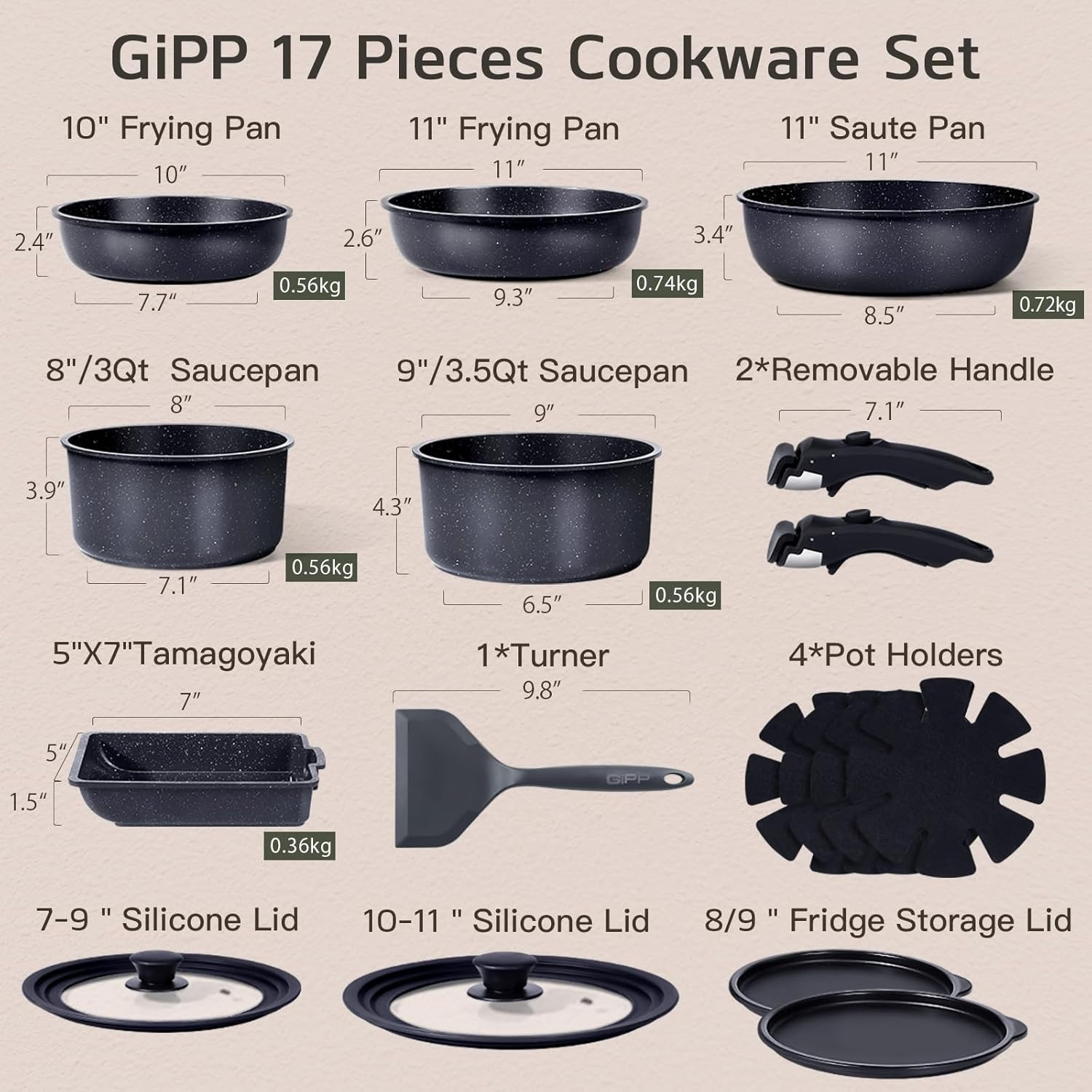 Ceramic Pots and Pans Set Non Stick, Nonstick Detachable Handle Cookware Sets, H