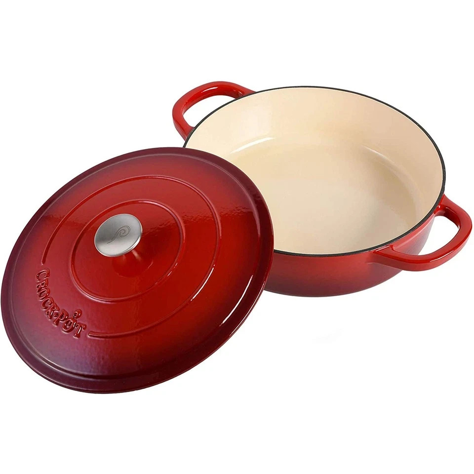 Crock Pot Enameled Cast Iron 5 Quart Round Braiser Pan Self Basting Lid Red