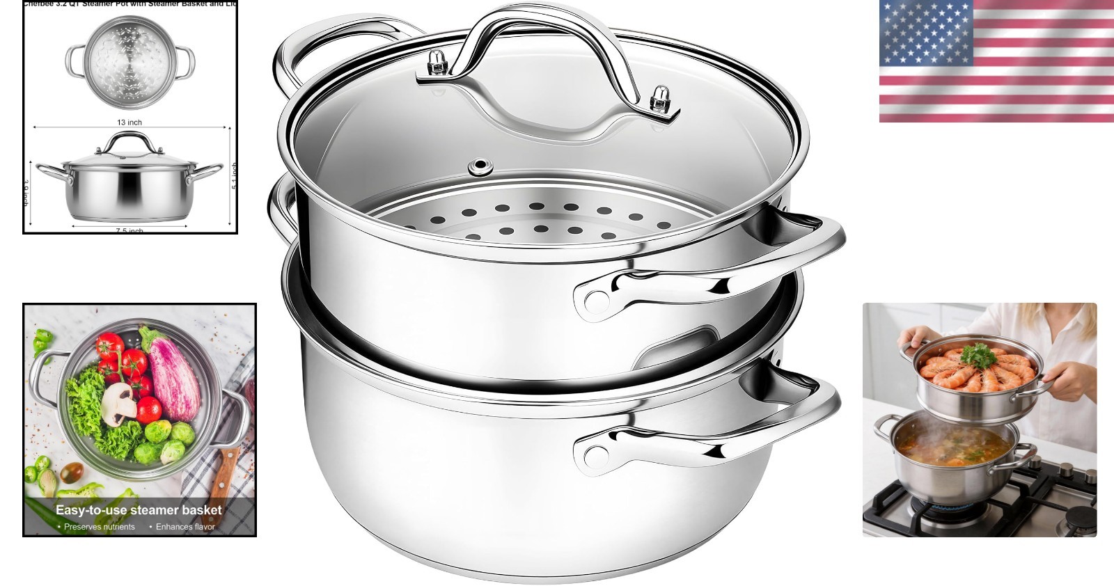 Stainless Steel Steamer Pot 3.2QT with Steamer Basket Food Cooker Kitchen Tools