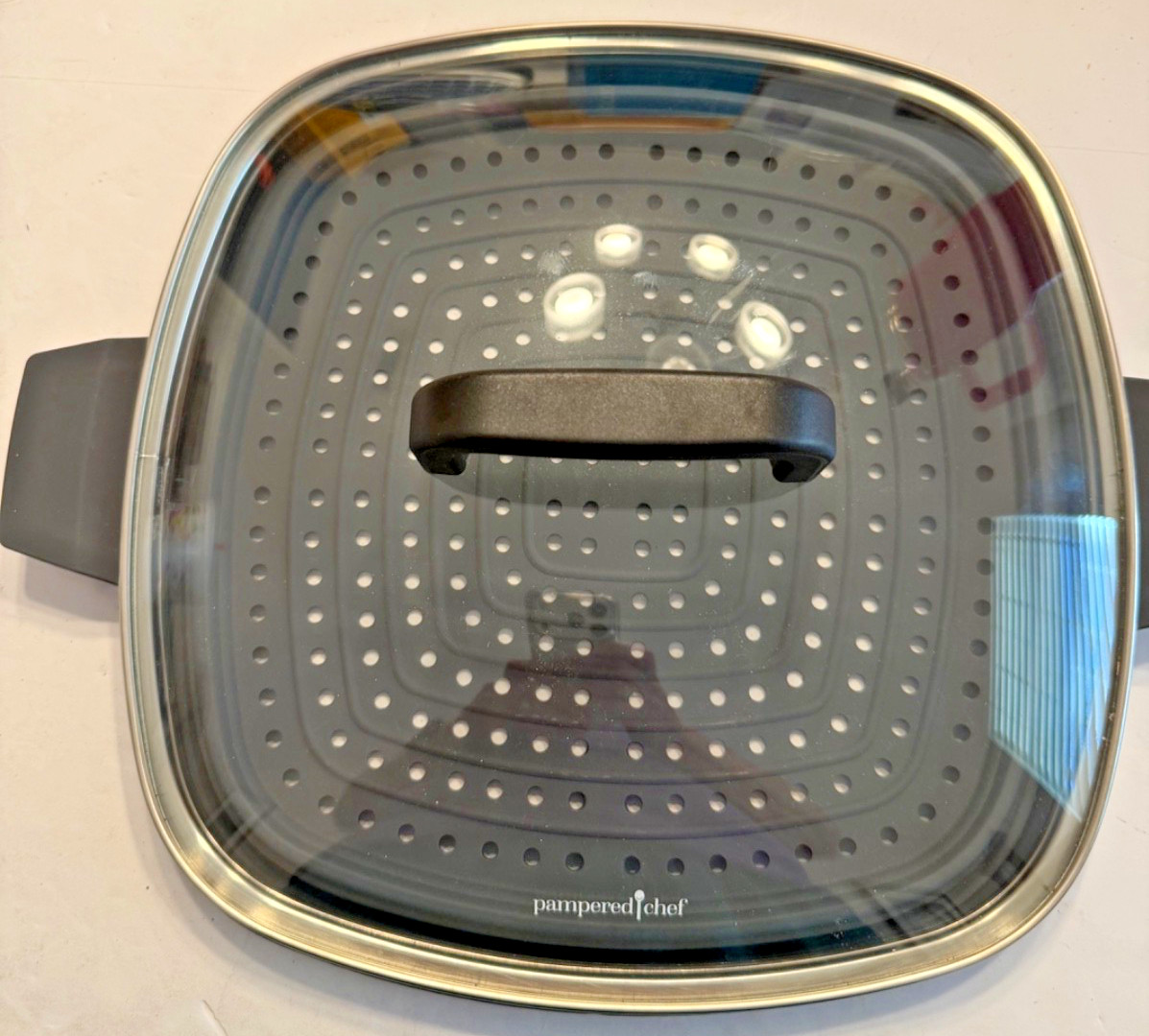 Pampered Chef 10 ” Square Tempered Glass Lid -Collapsible Silicone Steamer Bask