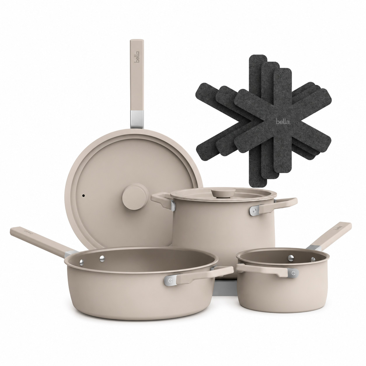 Brand New Bella Ceramic Nonstick 9 Piece Cookware Set Oatmilk