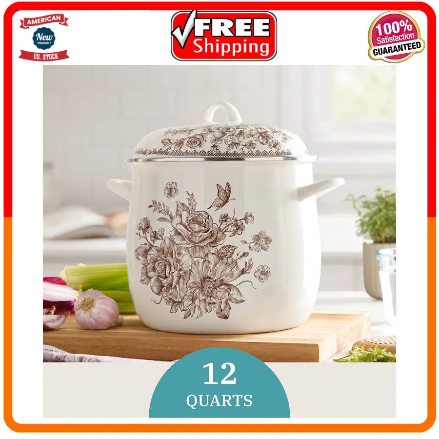 Pioneer Woman Agatha 12 Qt Enamel on Steel Stock Pot with Lid Brown