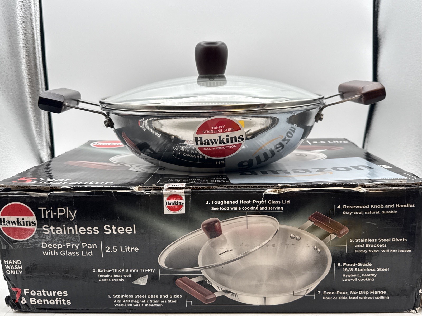 2.5 Litre Deep Fry Pan, Triply Stainless Steel Kadai with Glass Lid Flat Bottom