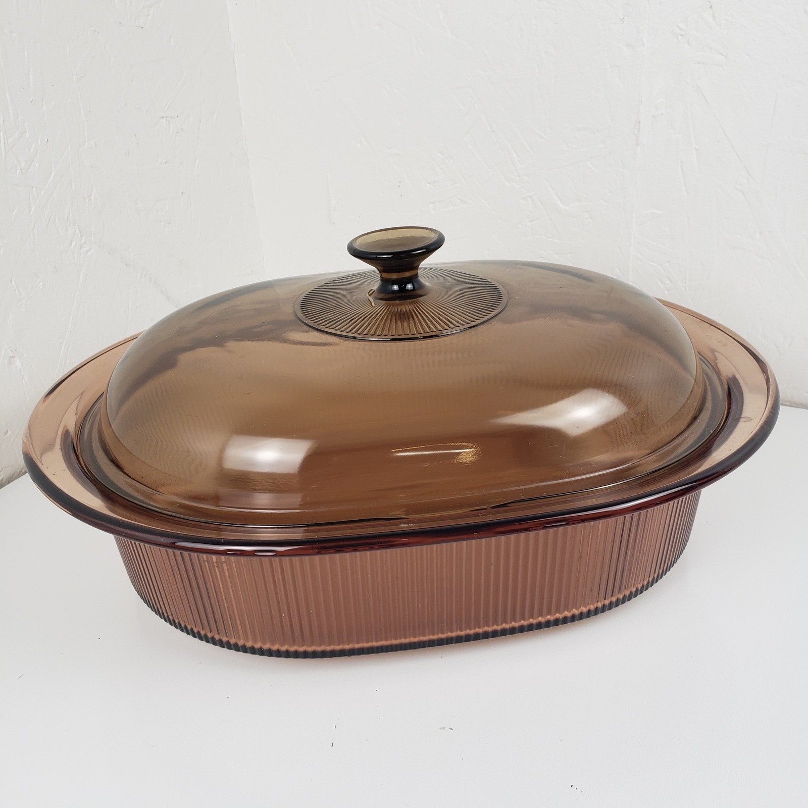 Vision Ware Corning Amber 4L 4 QT Oval Ribbed Casserole Dish Roaster W/ Lid 12×9
