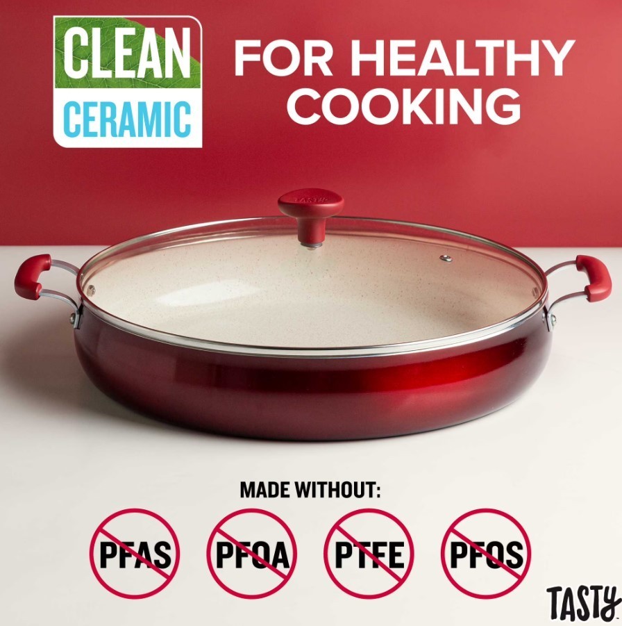 Tasty Clean Ceramic 13in Non-Stick Aluminum Centerpiece Sauté Pan with Glass Lid