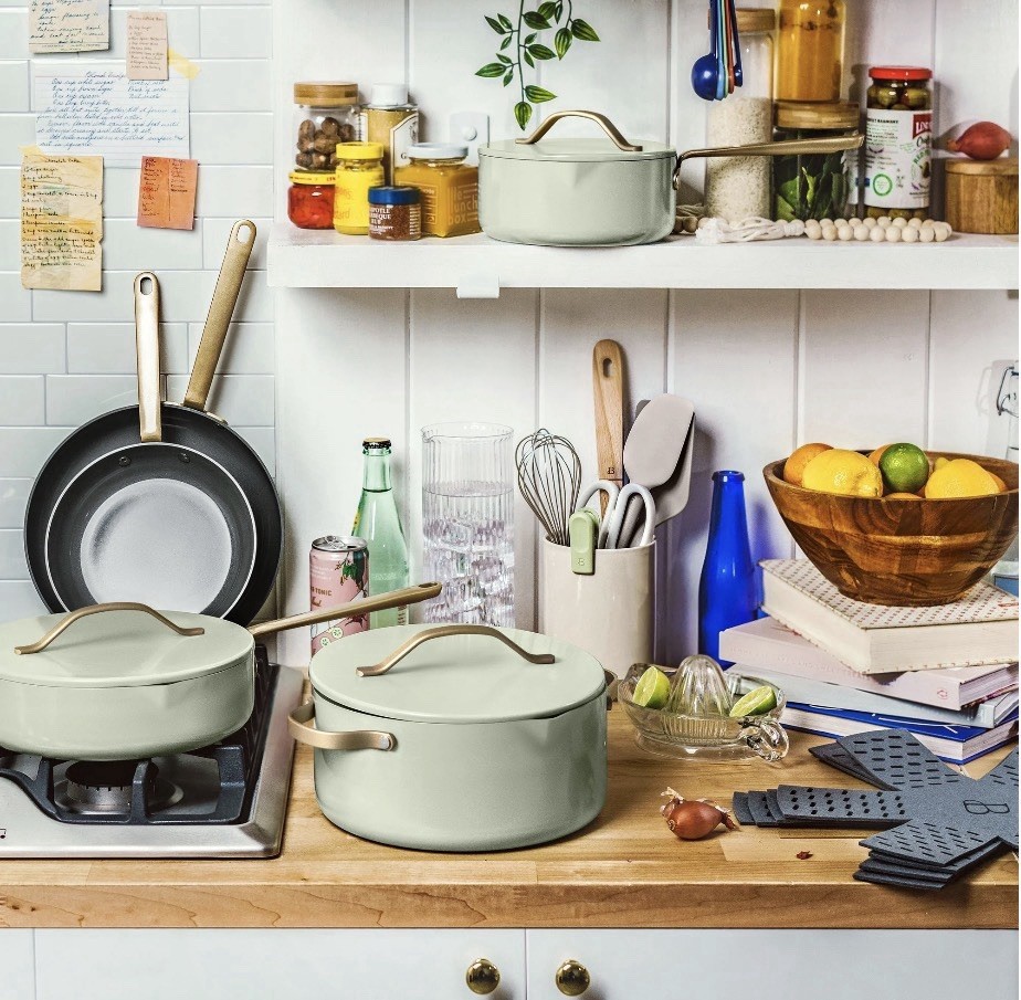 Beautiful by Drew Barrymore 12 Pc Ceramic Nonstick Cookware Set Sage Green New