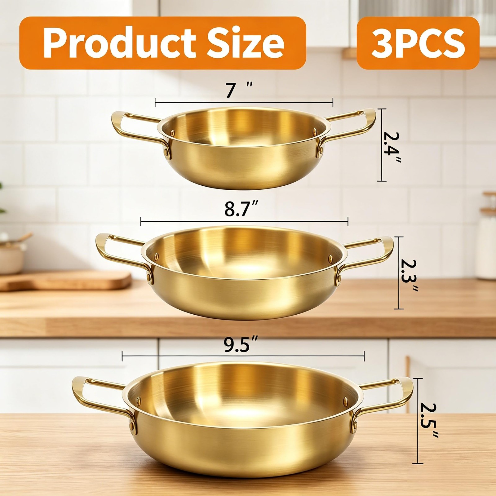 Okllen Set of 3 Korean Ramen Noodle 7″Dx2.4″H, 8.7″Dx2.3″H, 9.5″Dx2.5″H, Gold