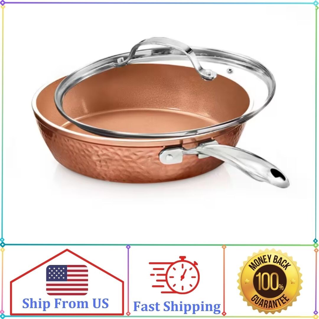 Hammered Copper 12 in. Aluminum Non-Stick Fry Pan with Glass Lid