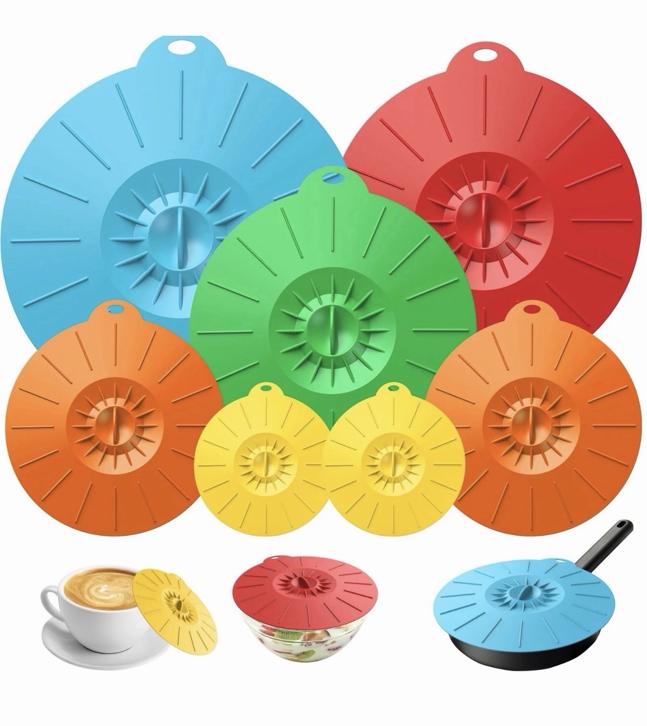 7 Pack Reusable Silicone Food Bowls Lids Microwave Splatter Covers for Plates