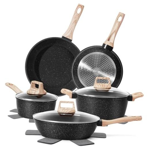 12 Pcs Pots and Pans Set Non Stick, Cookware Sets Granite 12 Pieces Black