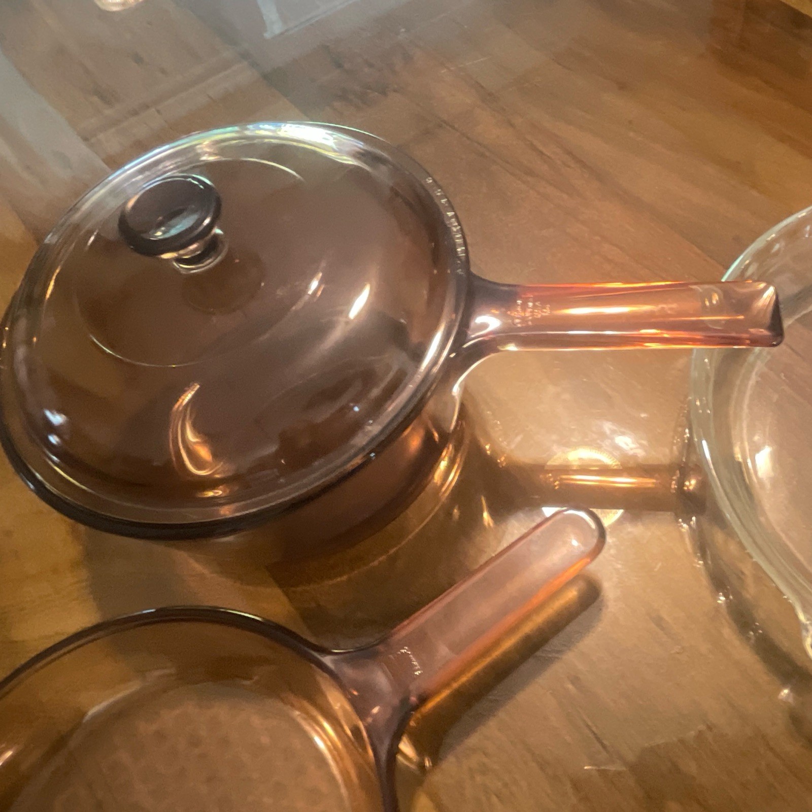 4 piece Pyrex Visions Glass 7in Skillet w Lid, 1.5 liter pot 9.5in pie plate