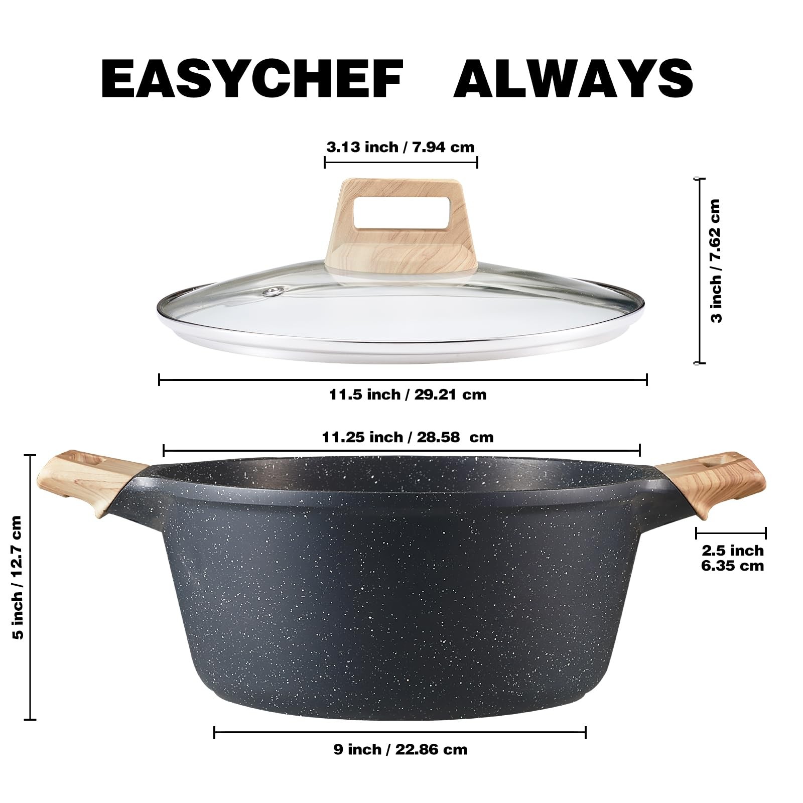 Gray Granite 4L 4.23Qt Quick Induction Nonstick Casserole Stock Pot Lid