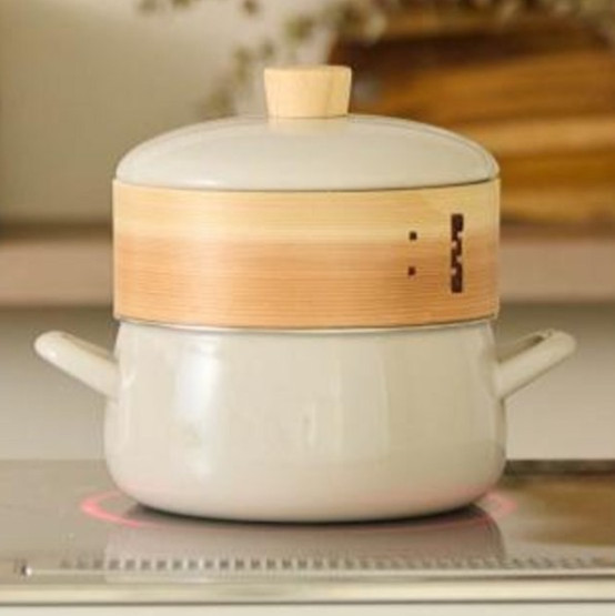 FUJIHORO Enamel Pot with Steamer Insert 7.8in & 7.0in White Greige JAPAN NEW