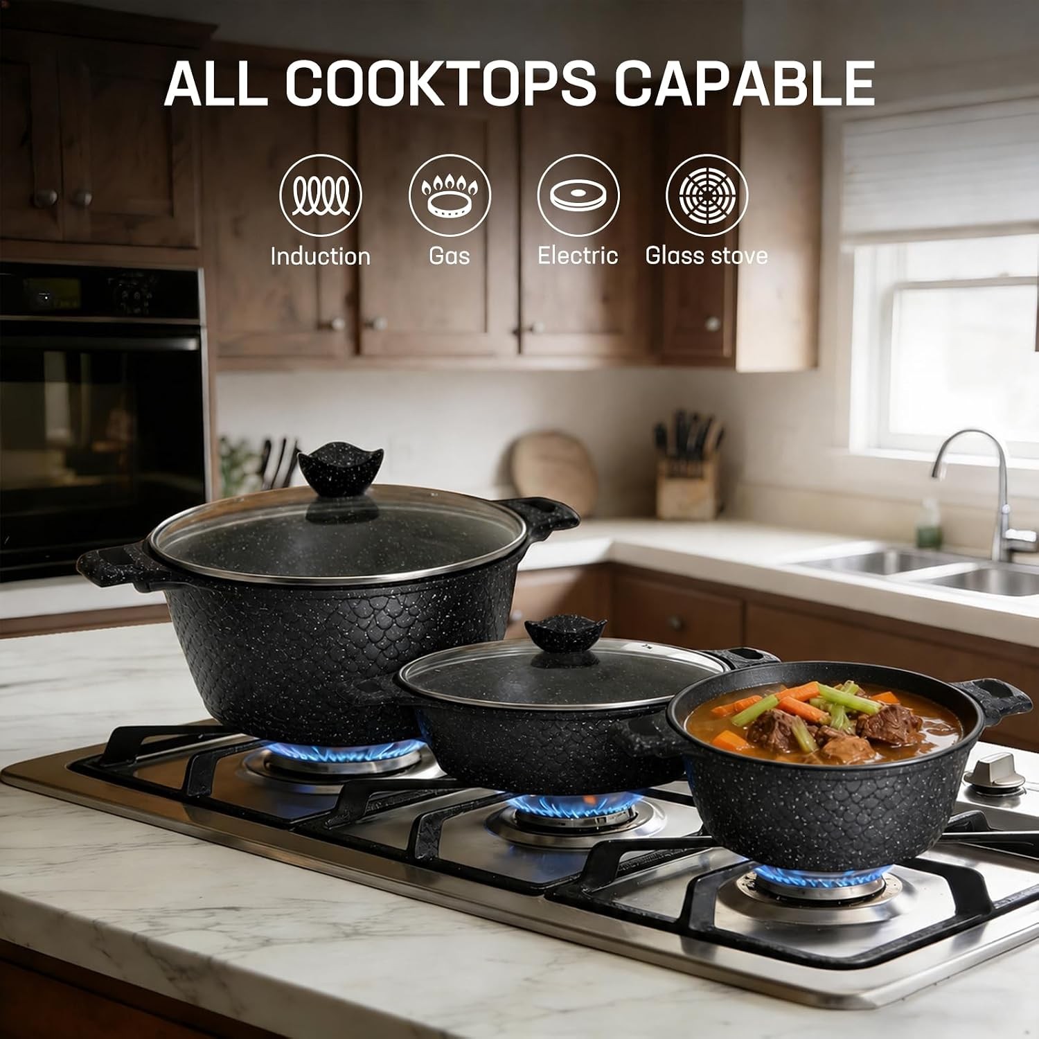 16PCS Cookware Set – Home Nonstick Stock Pot with Glass Lid, Pots and Pans Set,