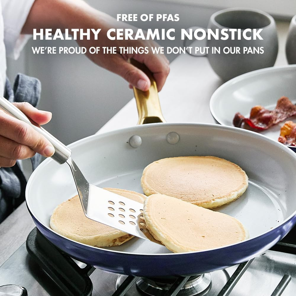Healthy Ceramic Nonstick Frying Pan Set, 8″, 10″, 12″, Gold Handle, PFAS-Free