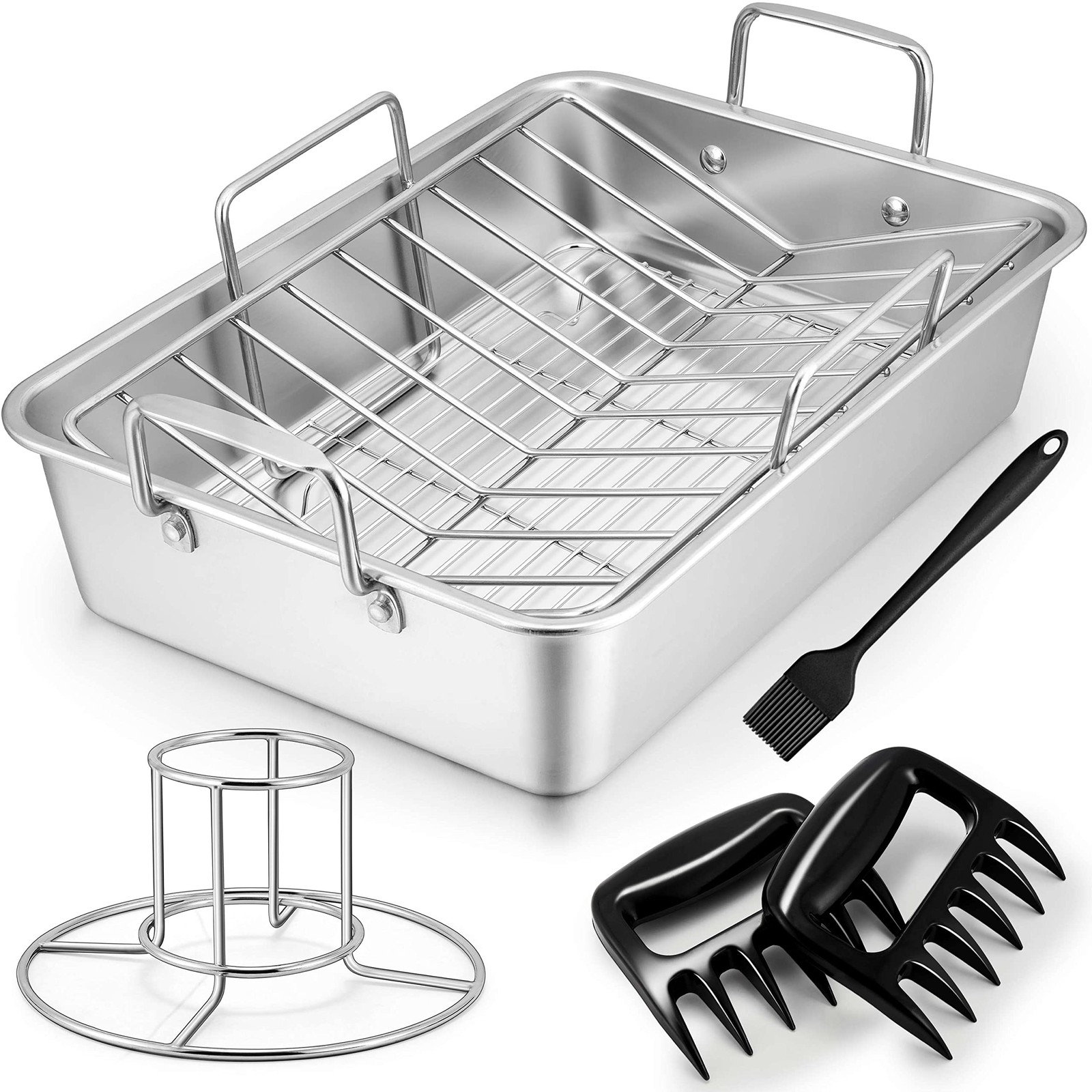 TeamFar Roasting Pan, Large Turkey Roaster Pan Stainless Steel Large, Silver