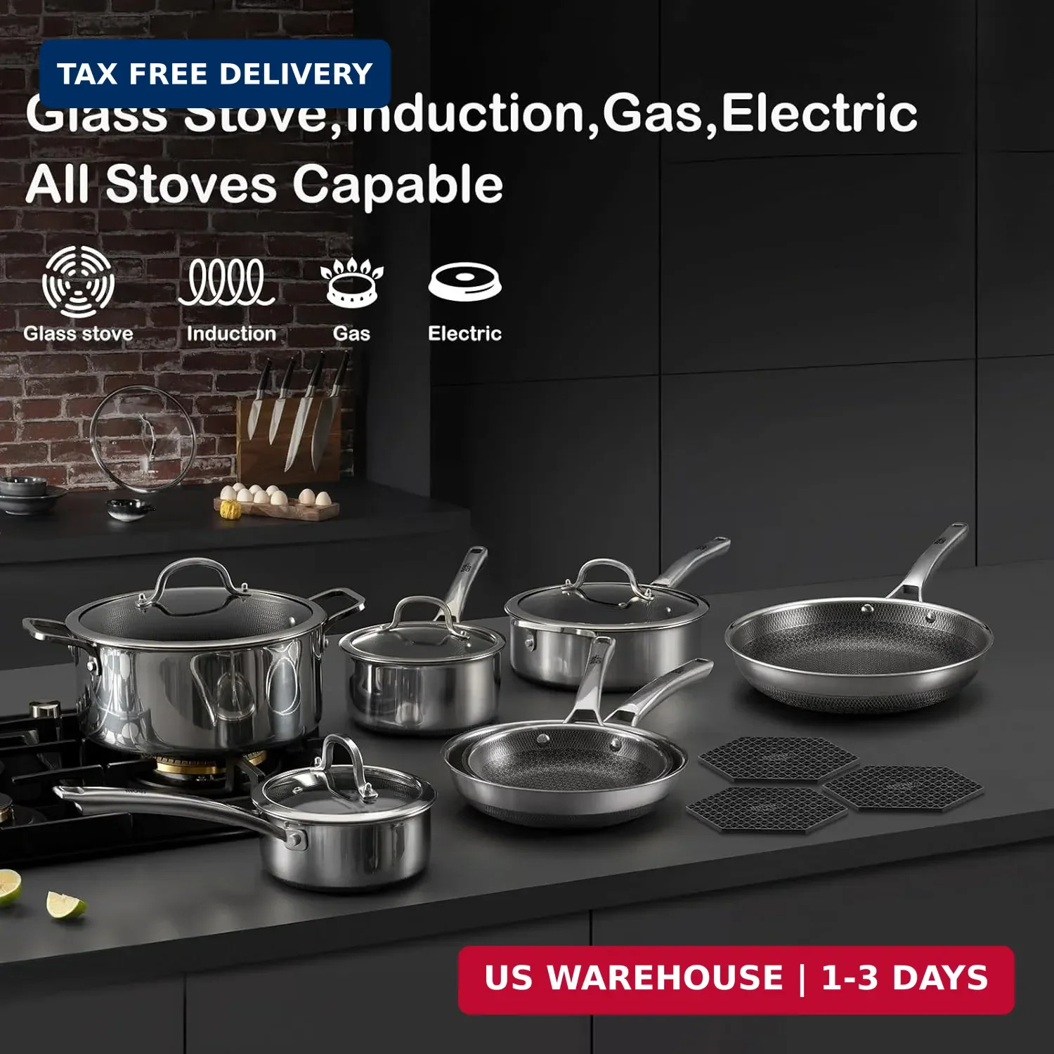 SNOWCLAD Pots and Pans Set Non Stick, 14 Pcs Hybrid Stainless Steel Cookware Set