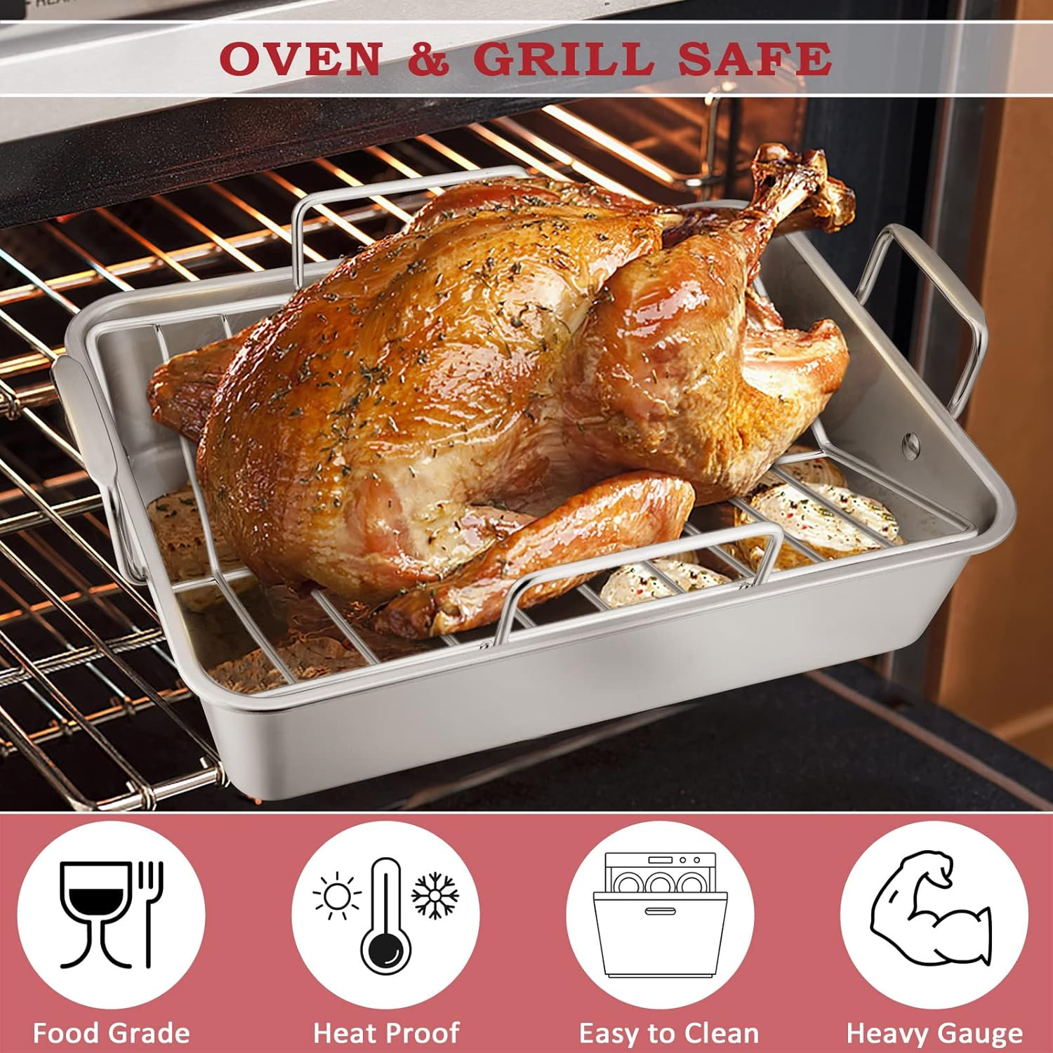 Roasting Pan with Rack Set, Large 15.2In Stainless Steel Lasagna Roaster Pan, Ba