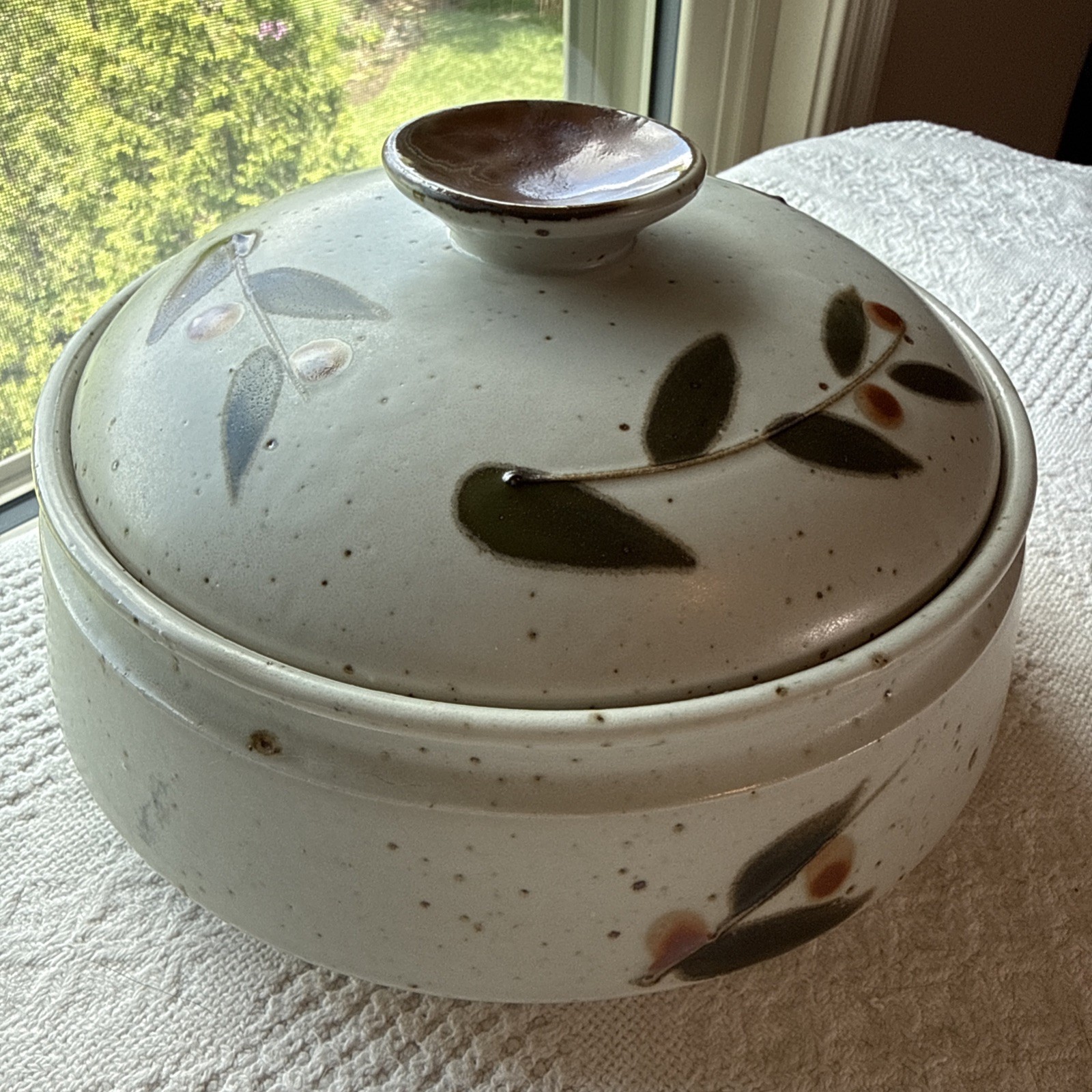 Japanese 7.5″ Earthenware Donabe Casserole Pot & Lid Berry Leaves Japan