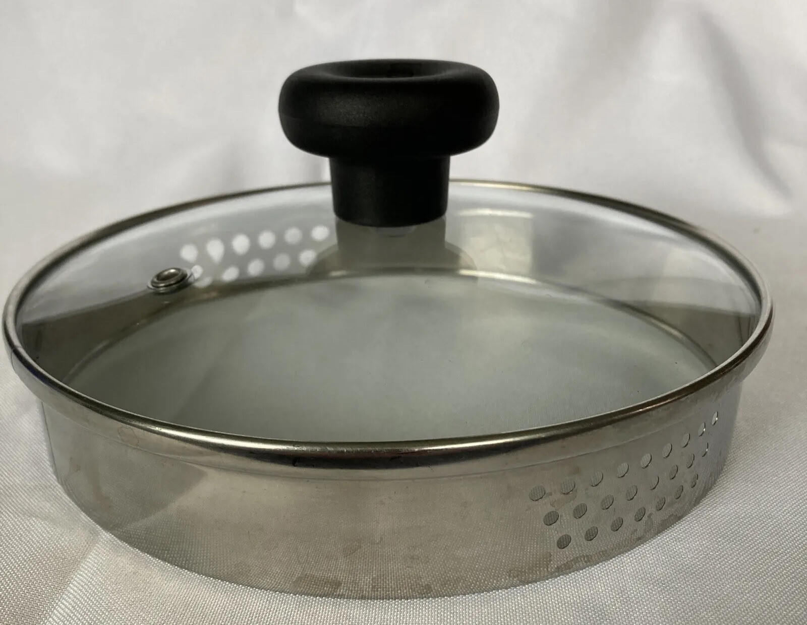T-fal Replacement Lid 7″ Strainer Sides Glass Stainless Steel Black Handle Vent
