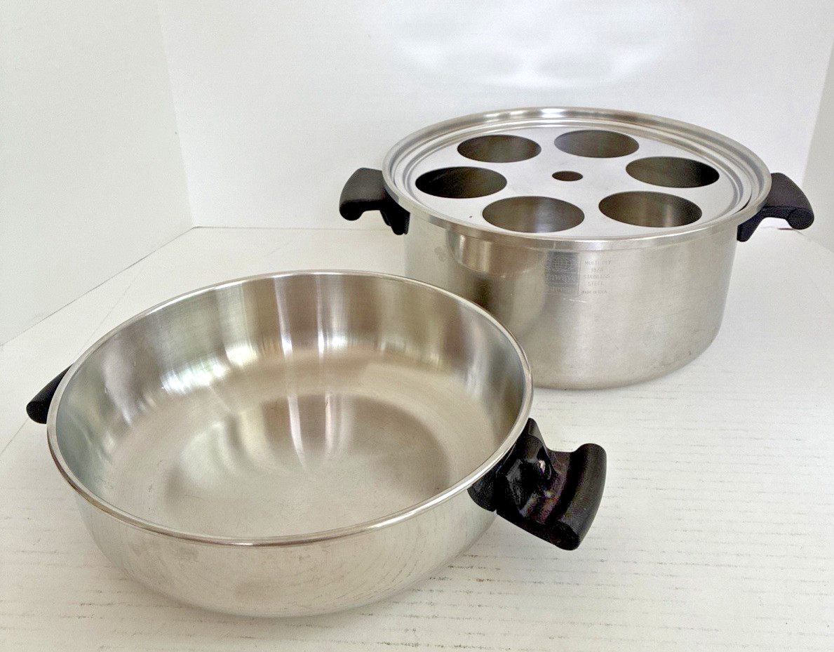 5 PC Amway QUEEN 18 8 SS Multi Ply 6qt Stock Pot Dome 11″ Fry Pan Lid Egg Insert