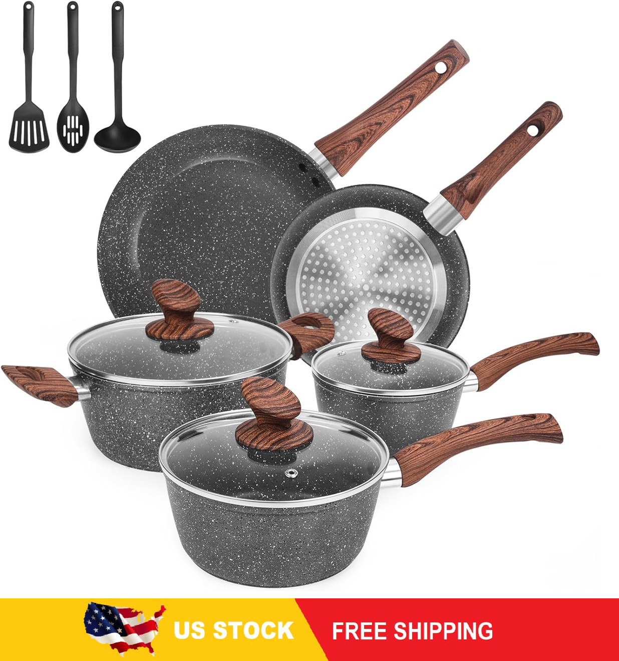 M MELENTA Granite Pots and Pans Set Non Stick, 11 Piece Die- Kitchen Cooking