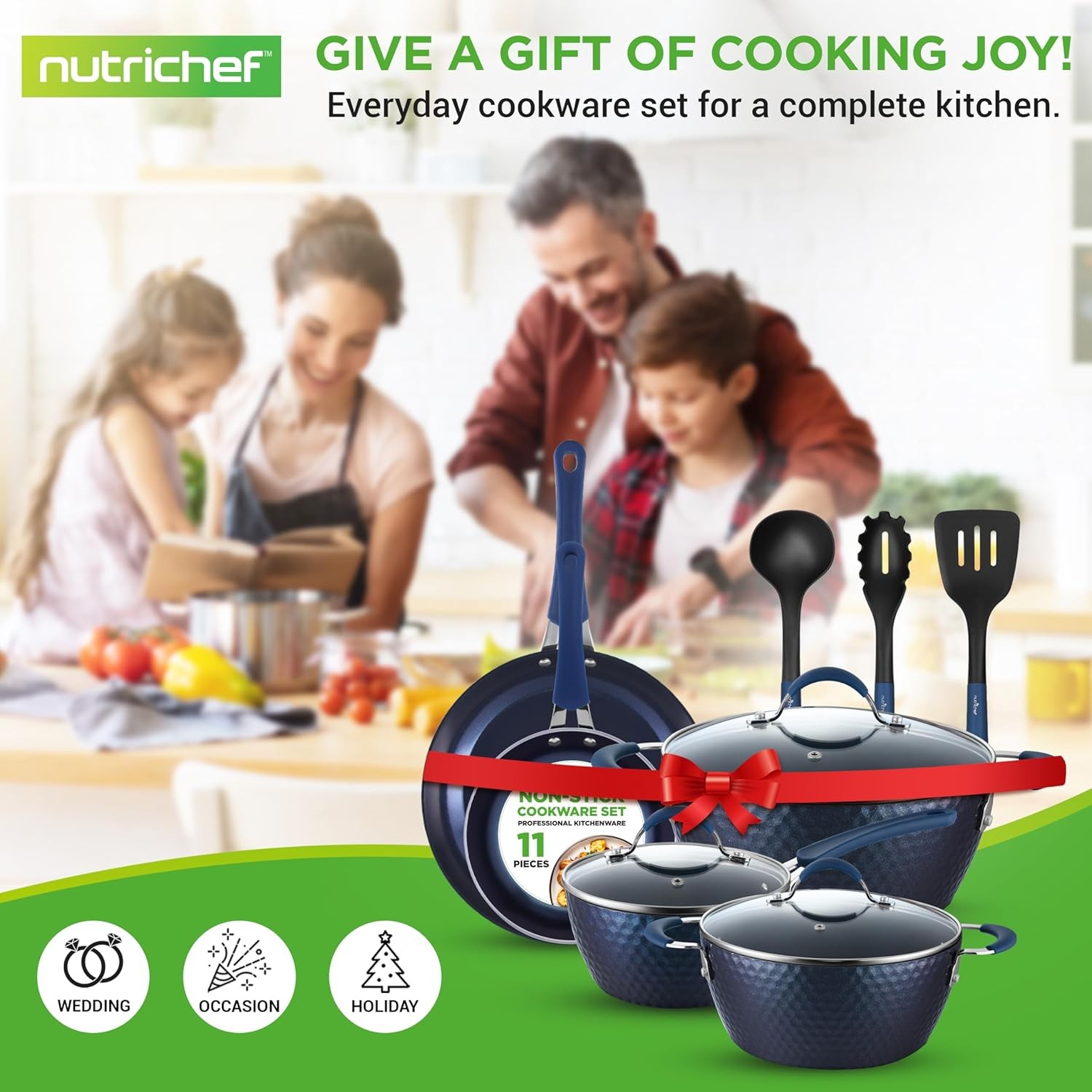 NutriChef 11 Piece Pots and Pans Set – Non Stick Cookware Set – Diamond Blue