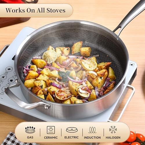 12″ Deep Frying Pan with Lid – Nonstick 5QT Tri-Ply Stainless – 5QT with Lid