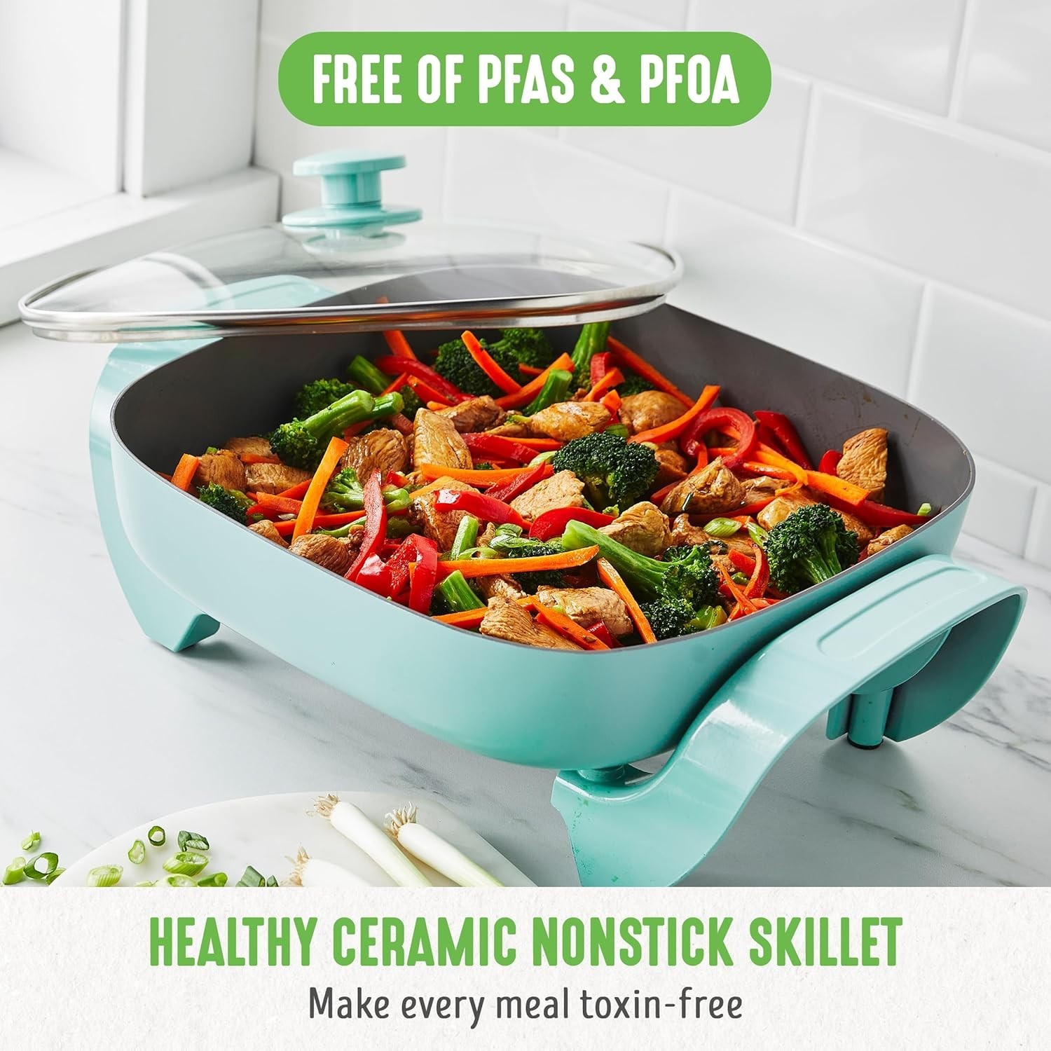 12″ 5QT Square Electric Skillet Ceramic Nonstick Lid Adjustable Temp Turquoise
