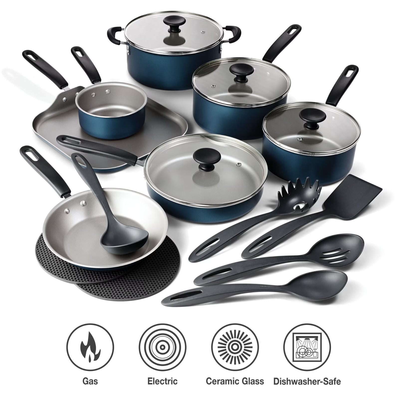 18 Piece Cookware Set Nonstick Pots and Pans Home Kitchen Cooking Non Stick-Gray