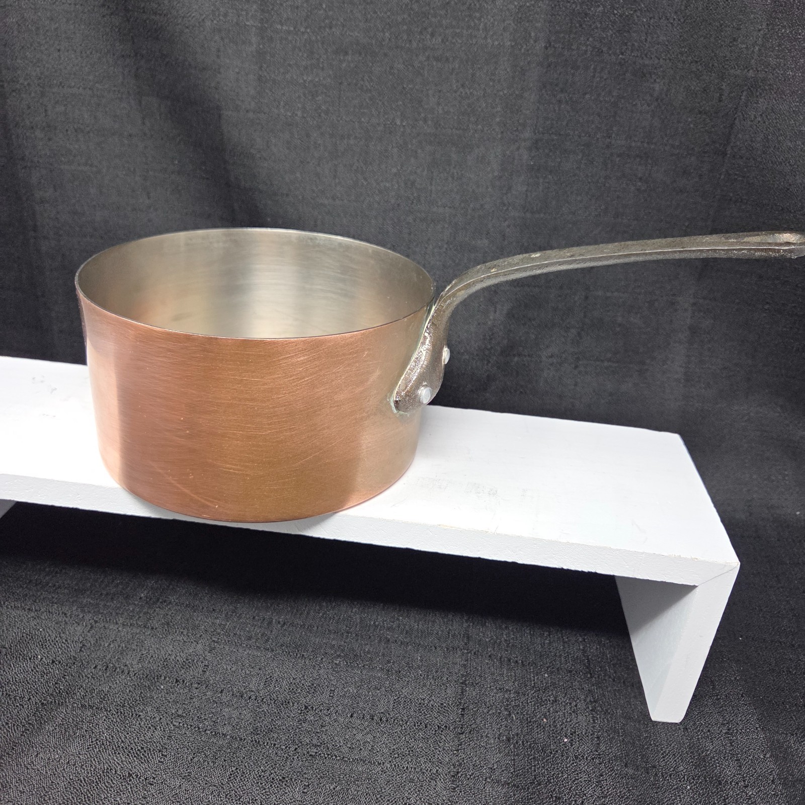 VTG Unmarked Copper 1 Qt Saucepan Pot No Lid Riveted NEEDS RETINNED See Pics