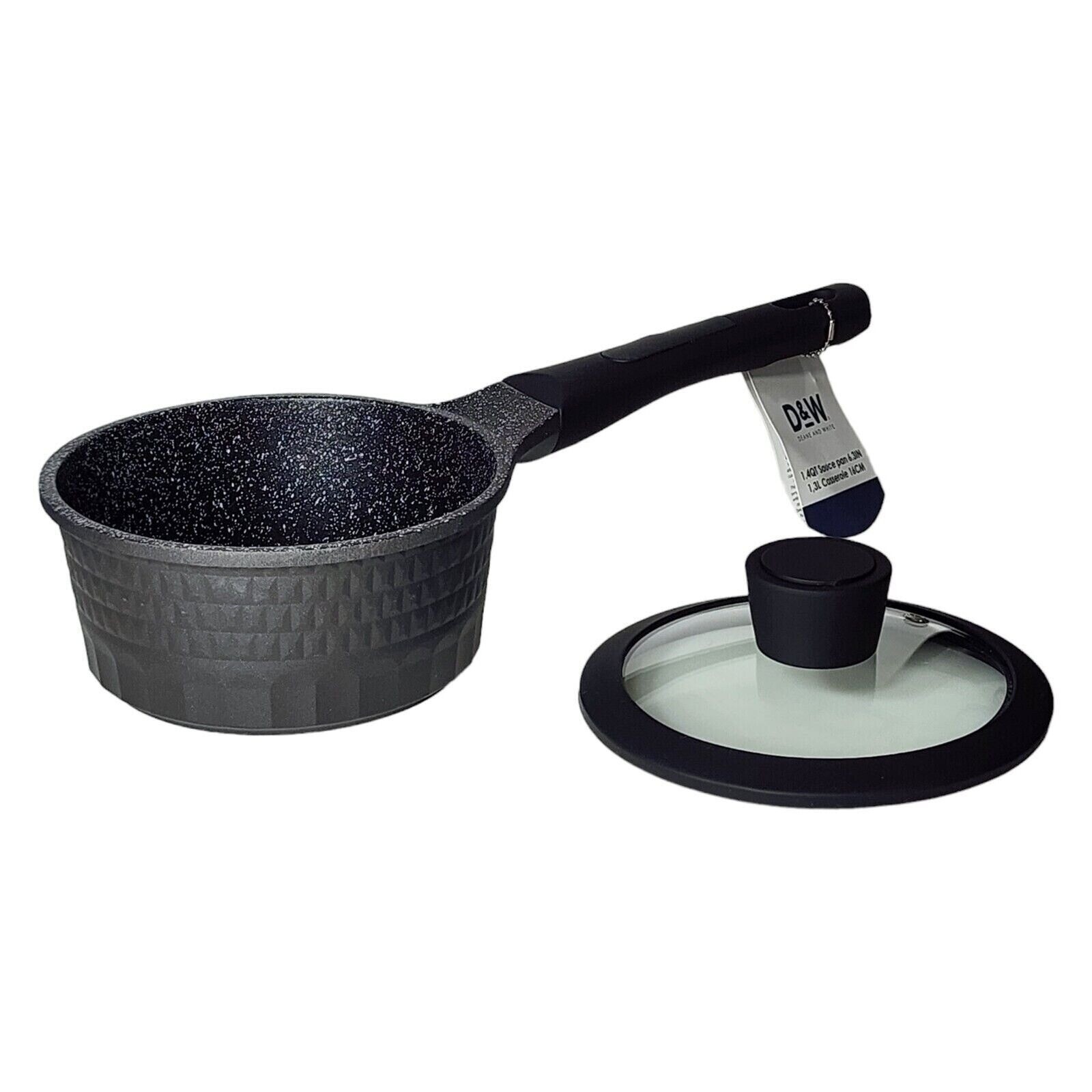 D&W Premium Cookware 7in Saucepan Casserole Nonstick With Glass Lid 1.9QT Black