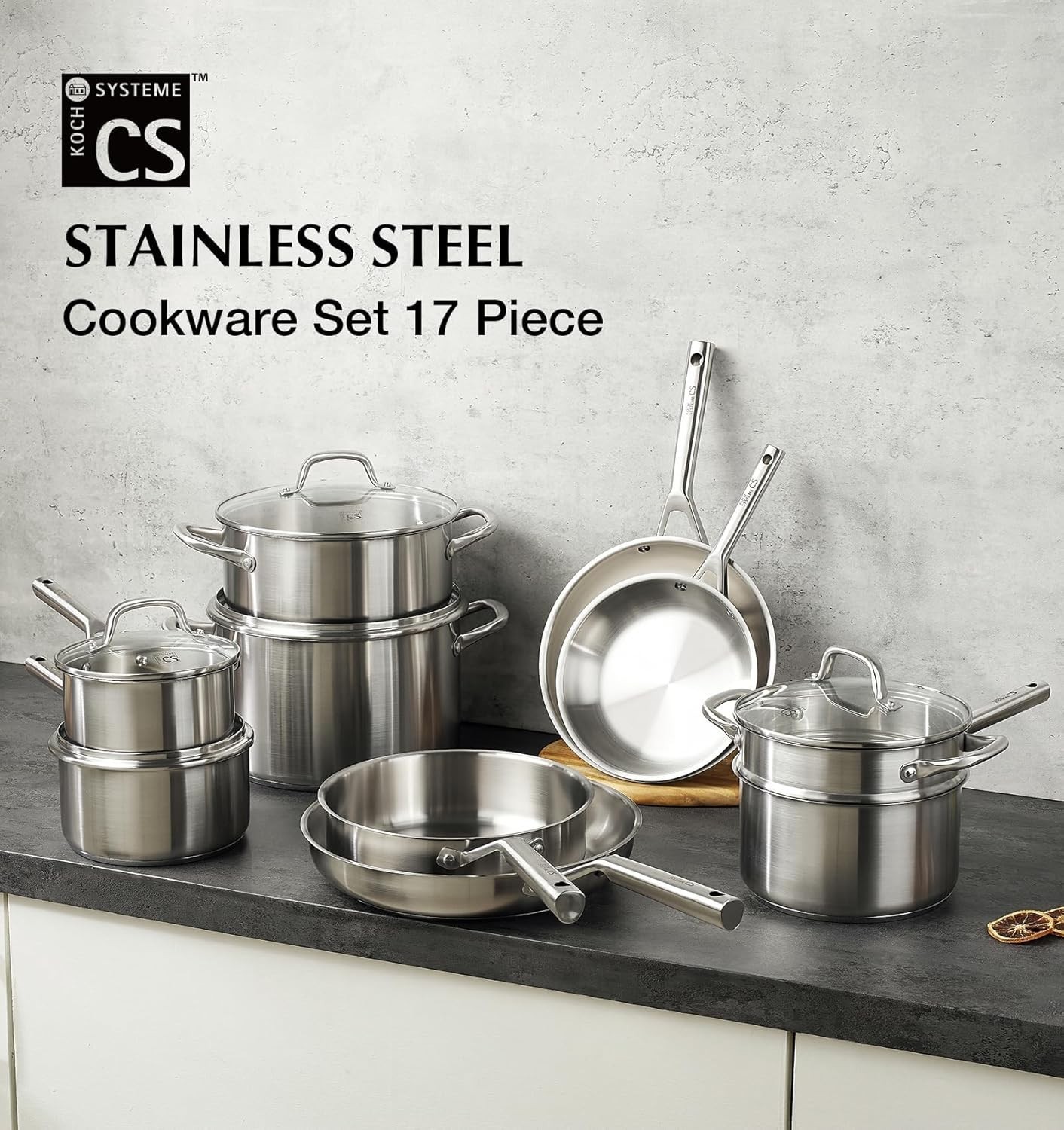 Stainless Steel Cookware Set 17 Piece, Professional 18/10 Stianless Steel Pots a