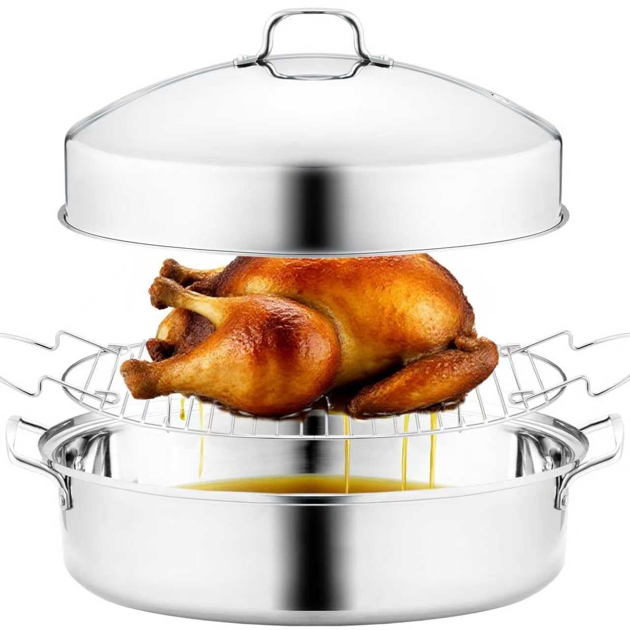 RIDGEPOLE 22” Large Roasting Pan with Rack and Lid, Stainless 22″, Sliver