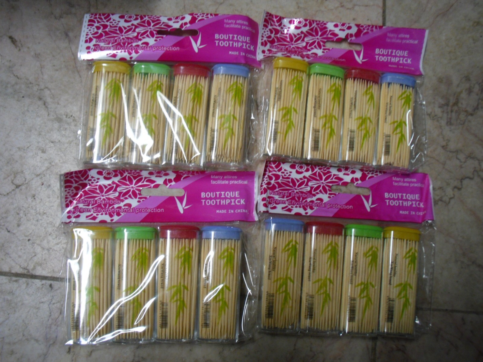 New ! 4 X 4PK Natural Bamboo Boutique Toothpick