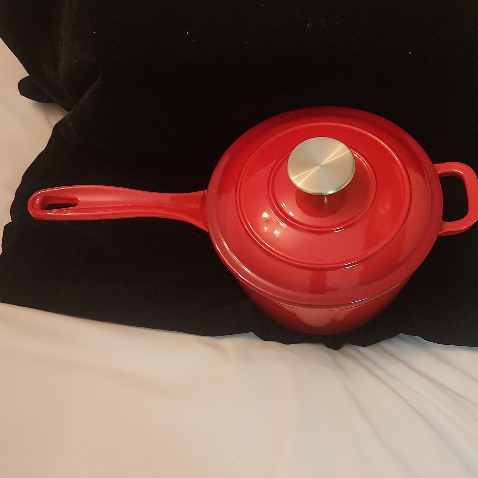 Cast Iron Red Saucepan with Lid, Double Handle