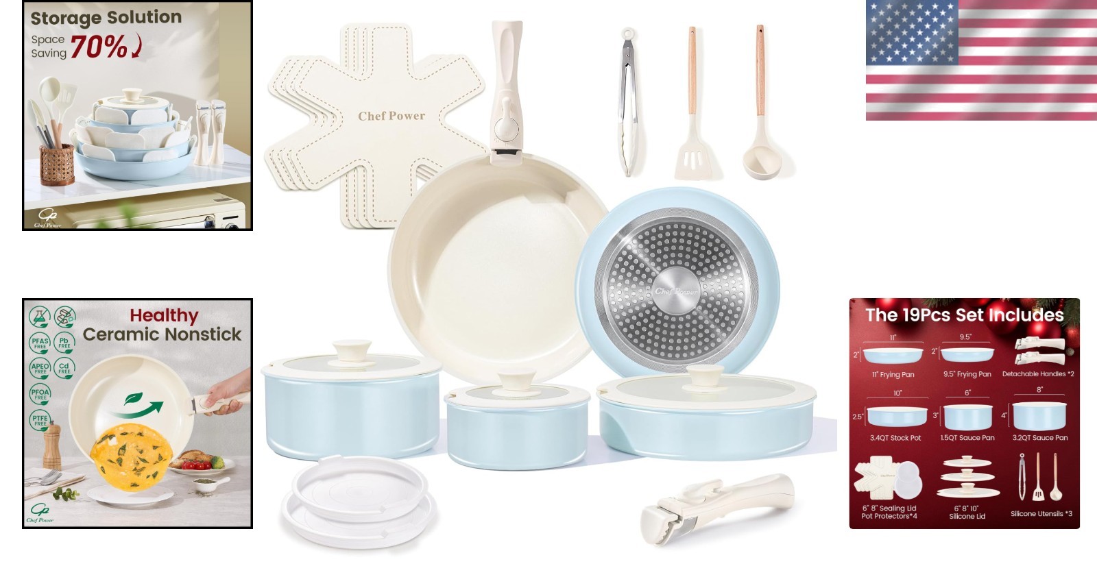 19 Pcs Pots and Pans Set Non Stick Ceramic Cookware Set with Removable Handles,