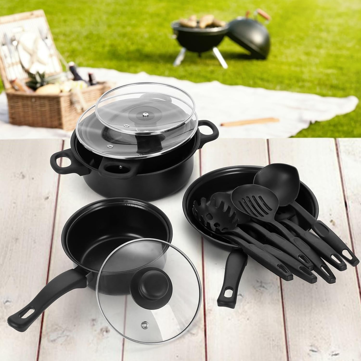 Camping Non-Stick Cookware Set 13 Pieces Lightweight Cast Iron Pans Pots