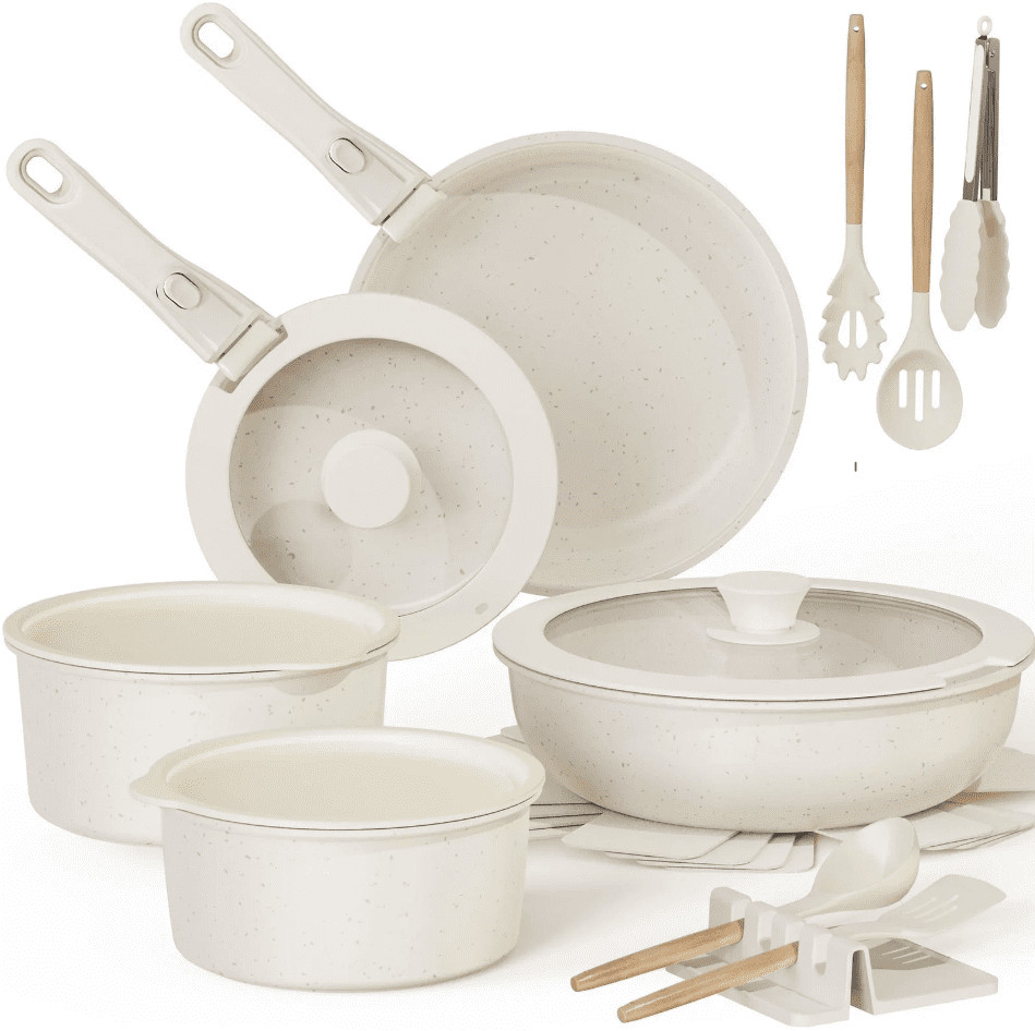 Astercook 20 Piece Pots and Pans Stackable Set “Cream White”