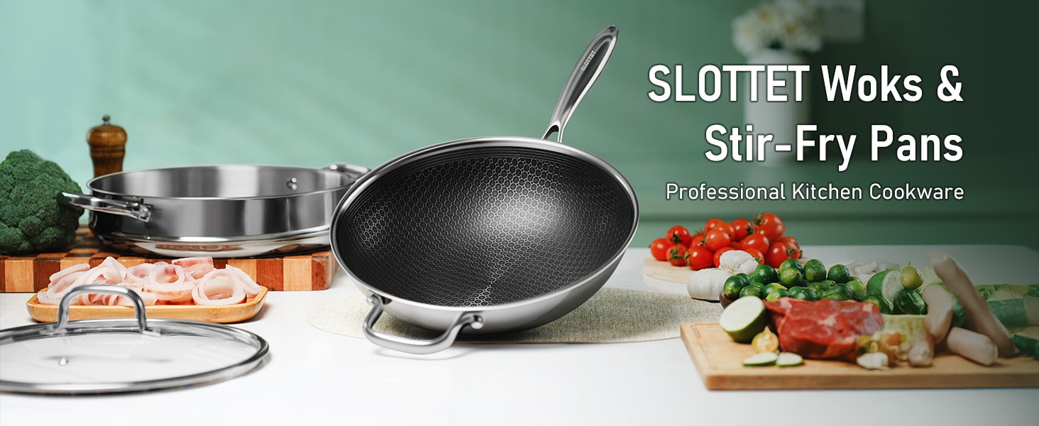 Hybrid 12-Inch Wok with Steer,Nonsti Stainl Steel Woks &