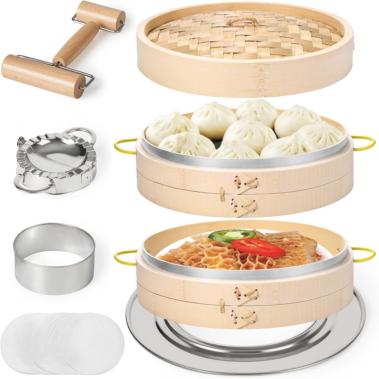 Bamboo Steamer Basket Set 10 inch Dumpling Steamer Cooking W/ Side Handles Ring