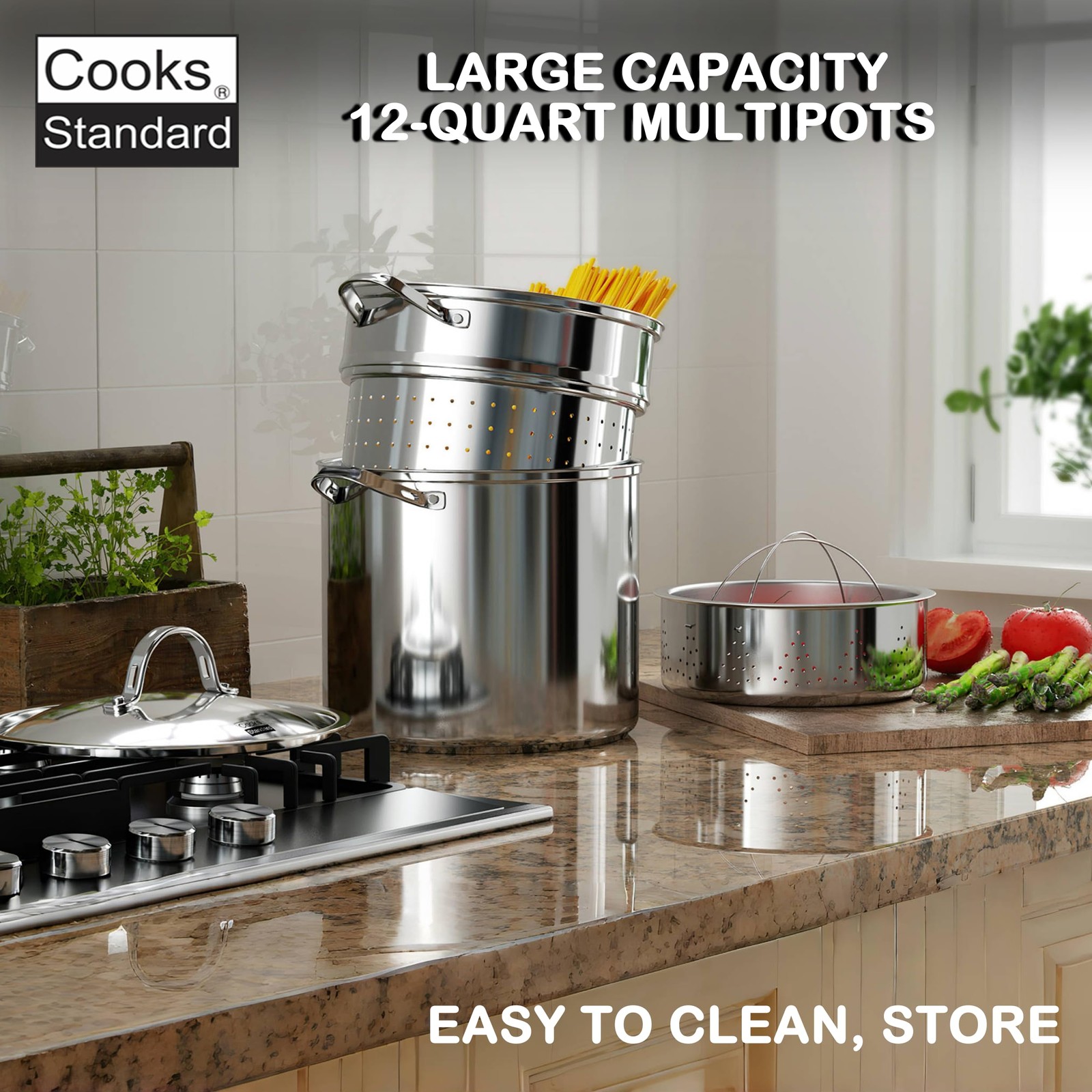 Cooks Standard Pasta Pot 18/10 Stainless Steel 12 Quart, Spaghetti Cooker Steame
